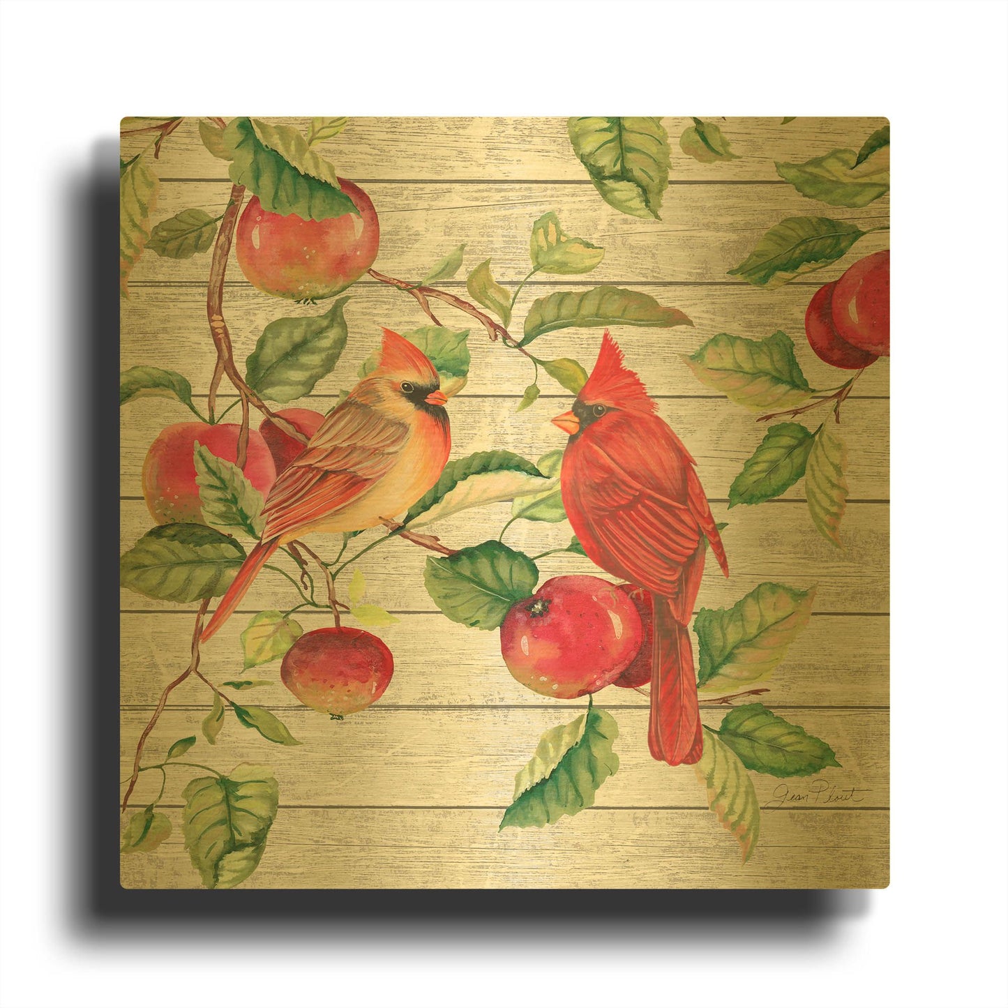 'Fall Cardinals A' By Jean Plout Gold Metal Wall Art