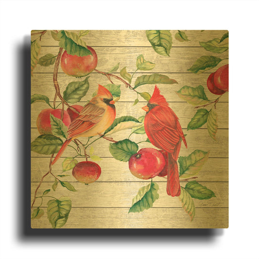 'Fall Cardinals A' By Jean Plout Gold Metal Wall Art