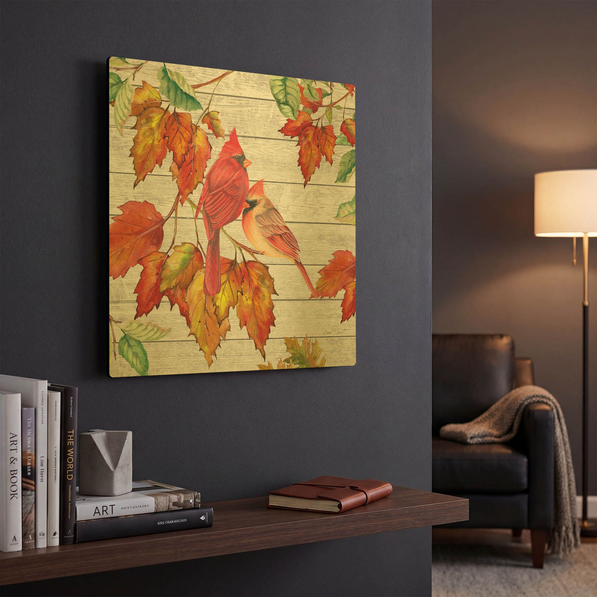 'Fall Cardinals B' By Jean Plout Gold Metal Wall Art