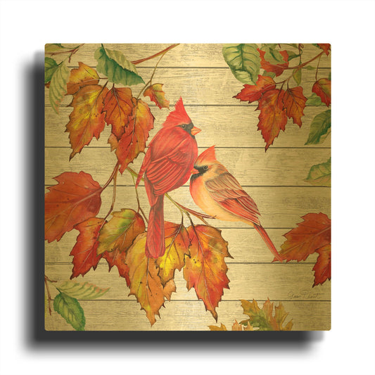 'Fall Cardinals B' By Jean Plout Gold Metal Wall Art