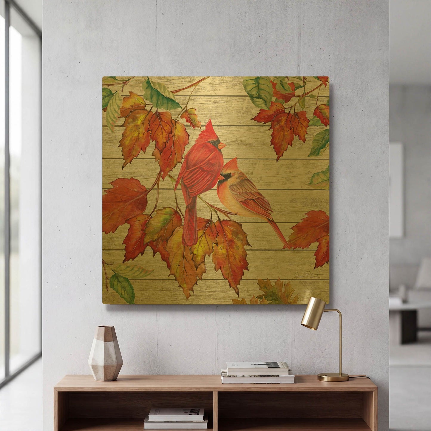 'Fall Cardinals B' By Jean Plout Gold Metal Wall Art