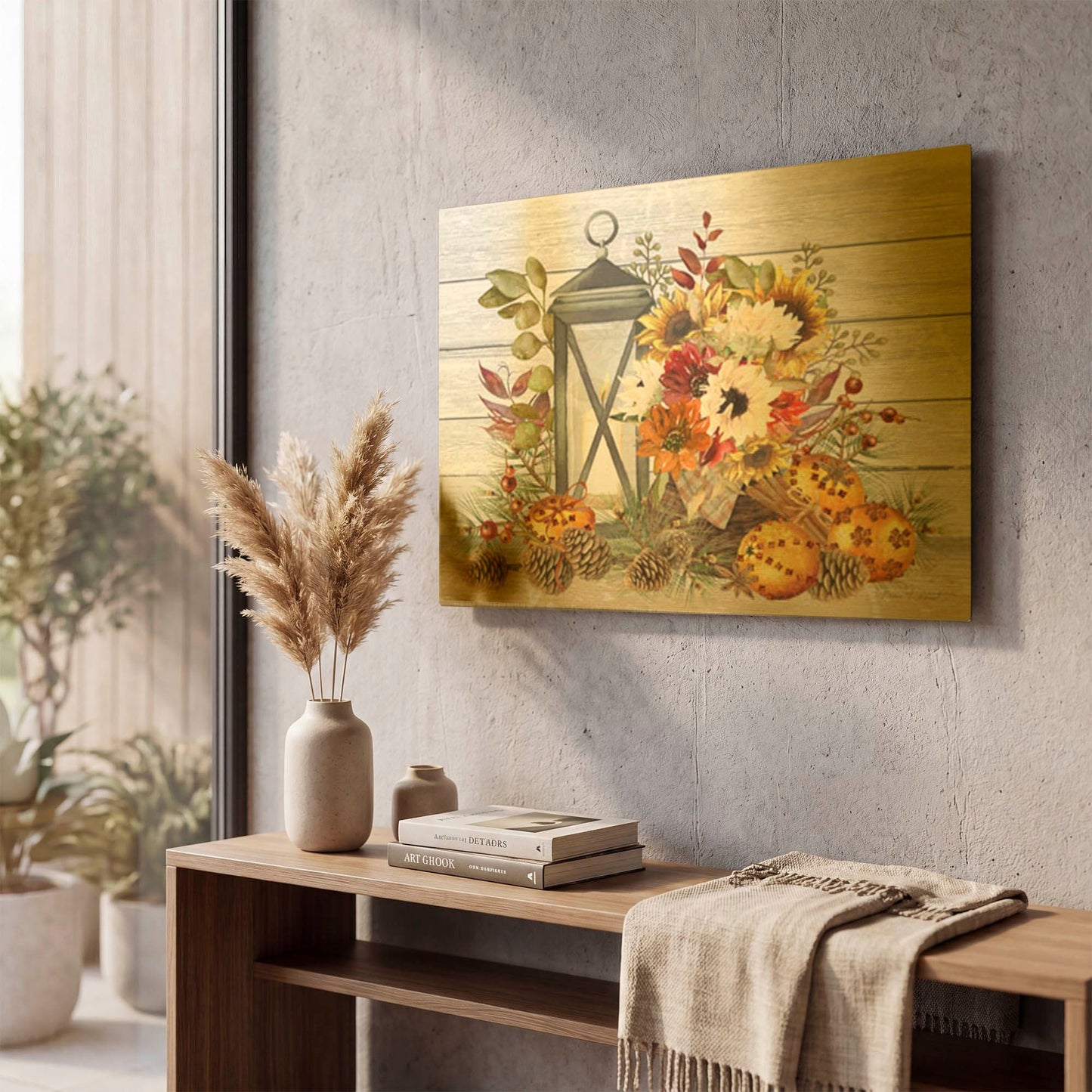 'Fall Lantern B' By Jean Plout Gold Metal Wall Art
