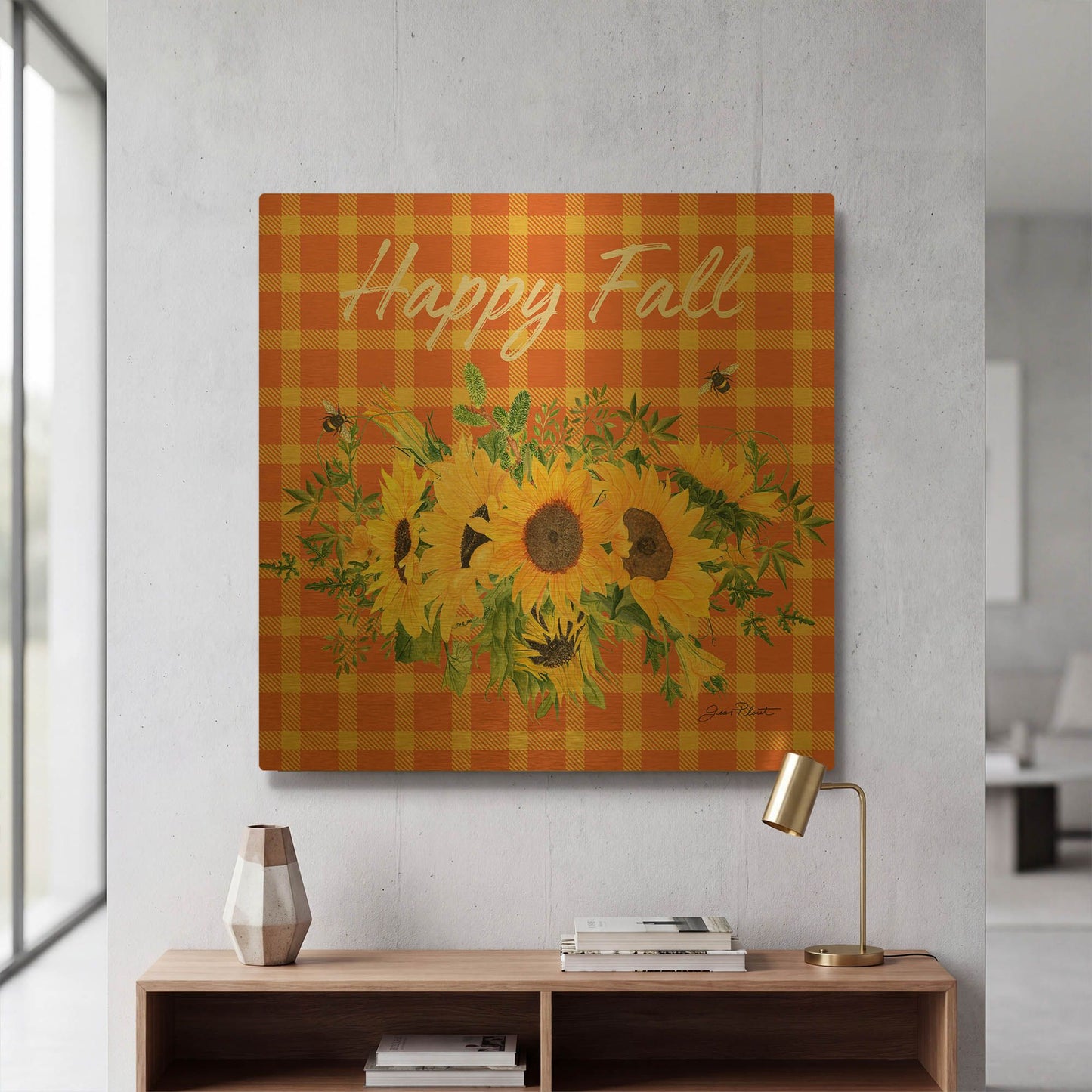 'Fall Plaid Celebration A' By Jean Plout Gold Metal Wall Art
