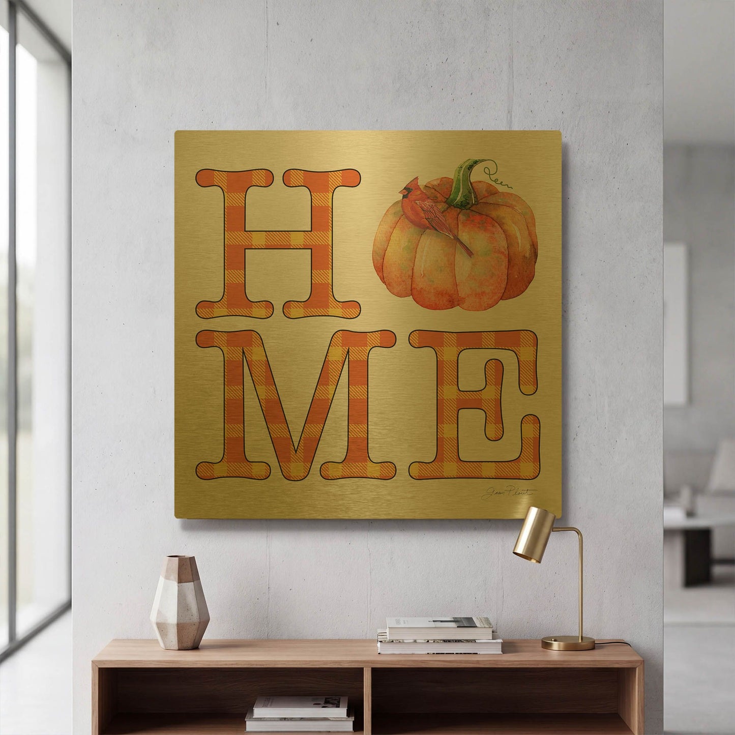 'Fall Plaid Celebration C' By Jean Plout Gold Metal Wall Art