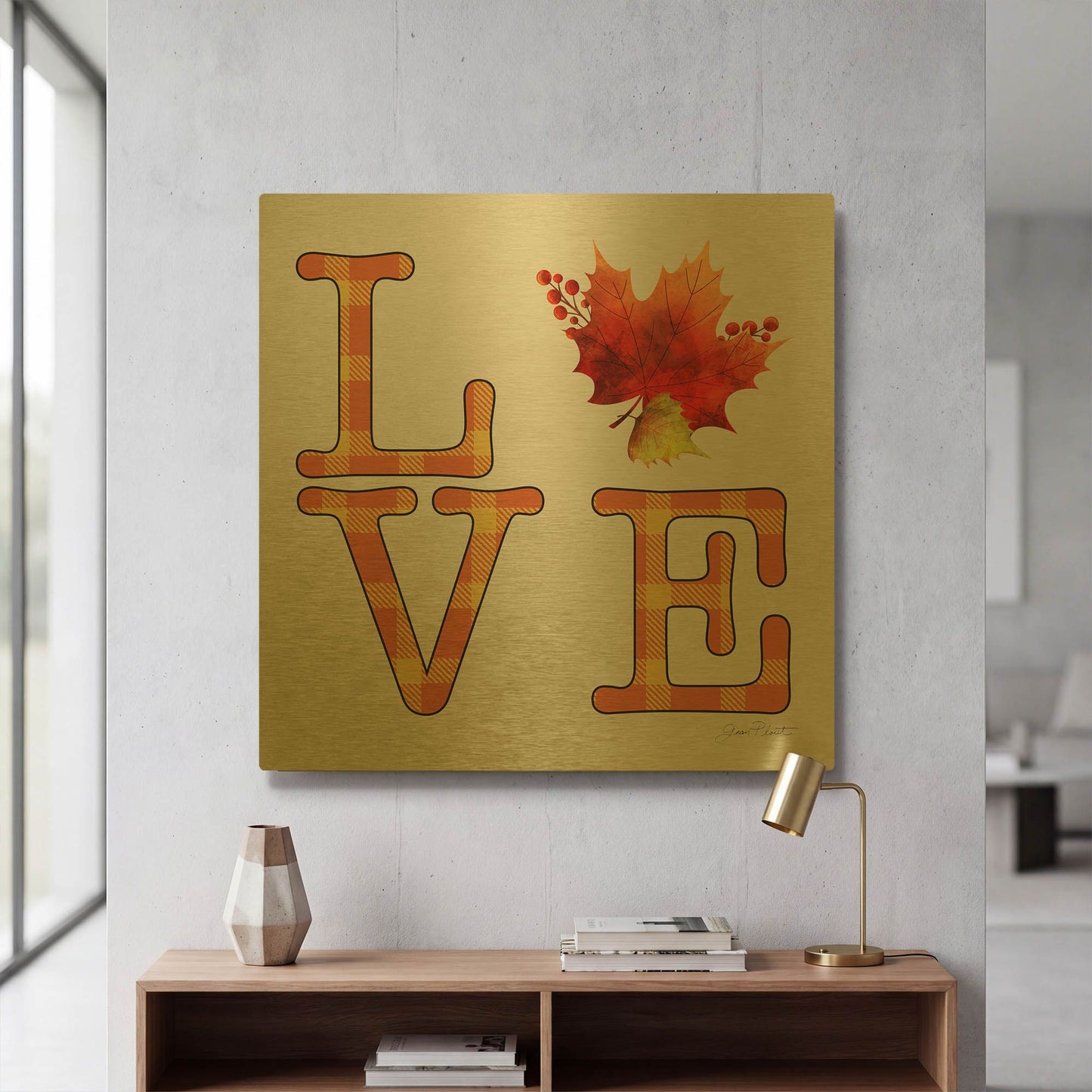 'Fall Plaid Celebration D' By Jean Plout Gold Metal Wall Art