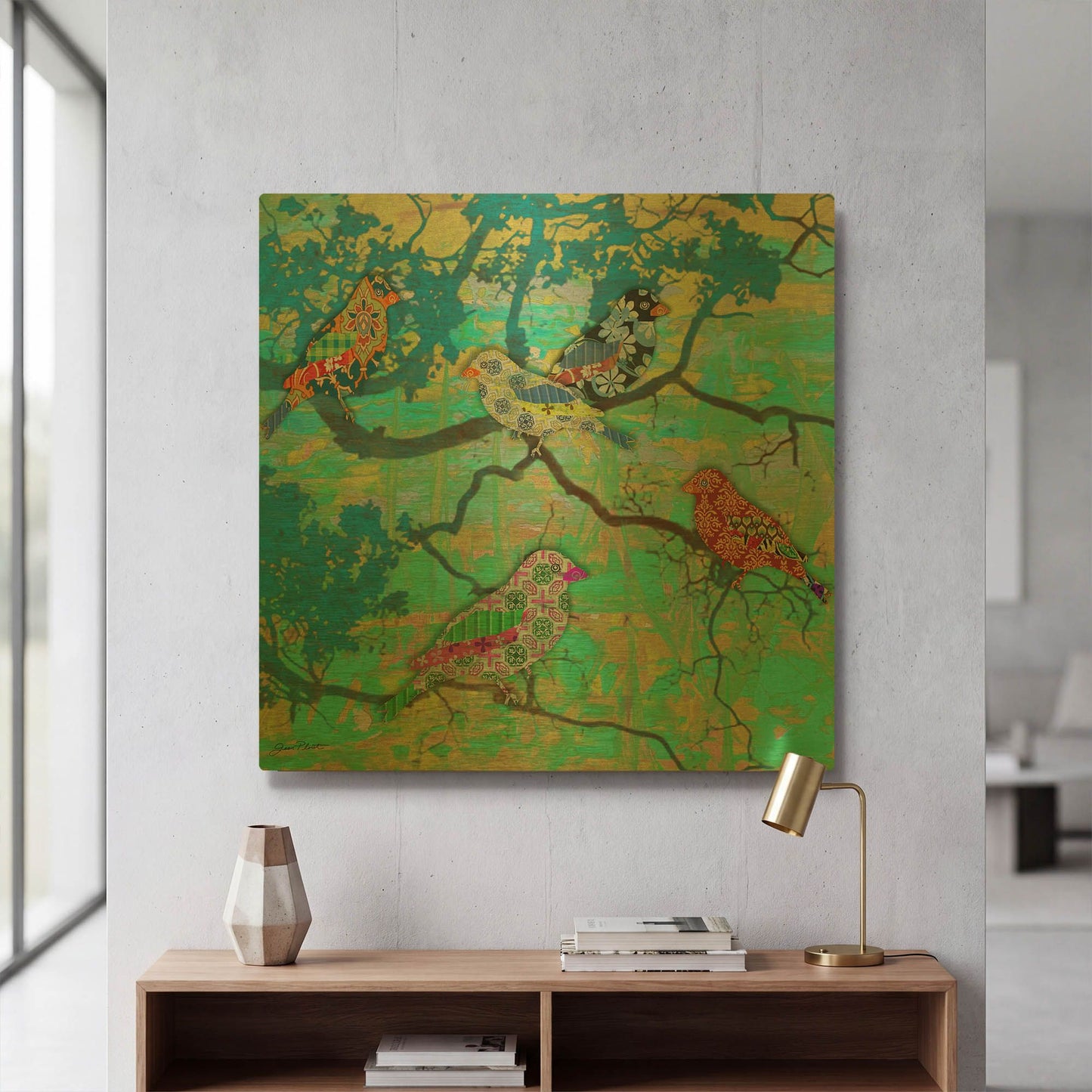 'Finch Paradise' By Jean Plout Gold Metal Wall Art