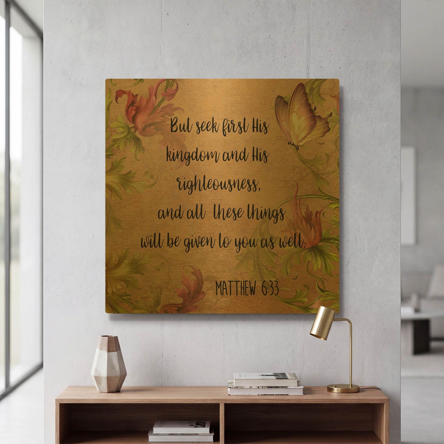 'Floral Bible Verse A' By Jean Plout Gold Metal Wall Art