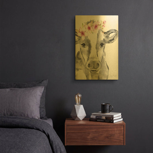 'Floral Cow A' By Jean Plout Gold Metal Wall Art