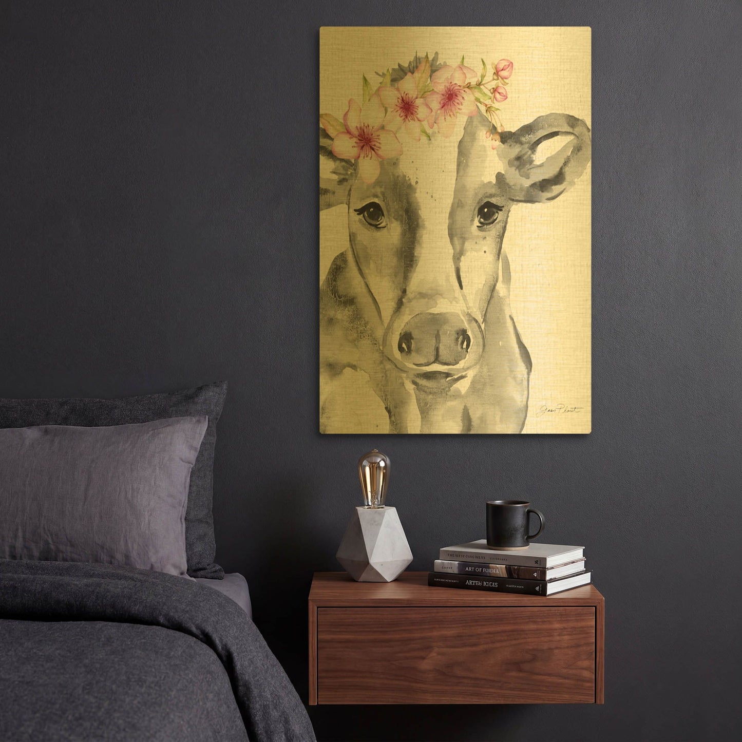 'Floral Cow A' By Jean Plout Gold Metal Wall Art