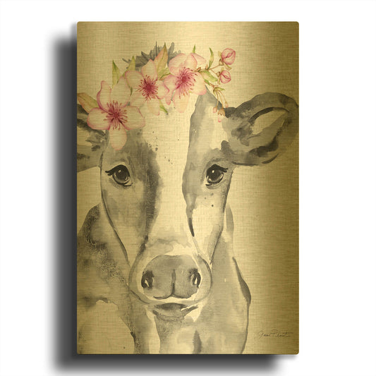 'Floral Cow A' By Jean Plout Gold Metal Wall Art