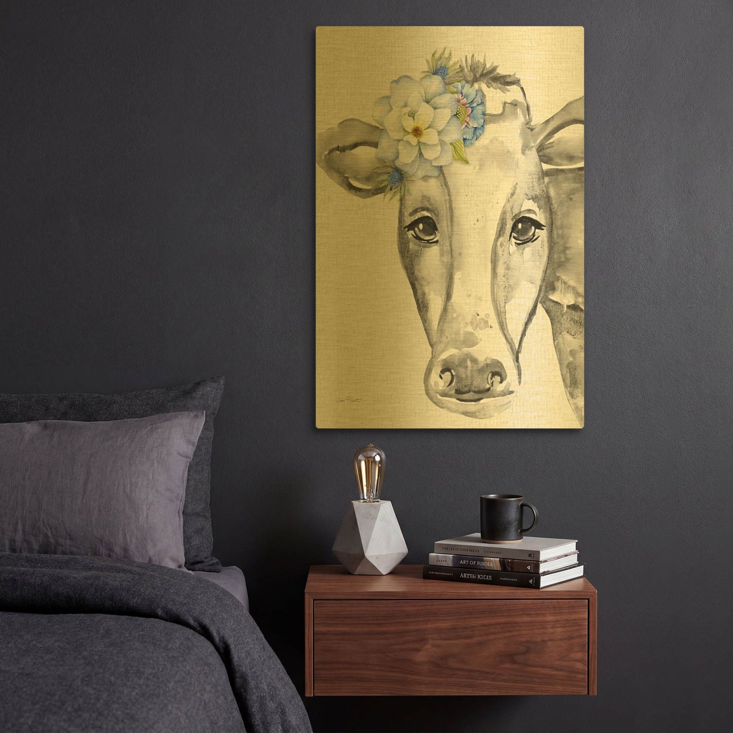 'Floral Cow B' By Jean Plout Gold Metal Wall Art
