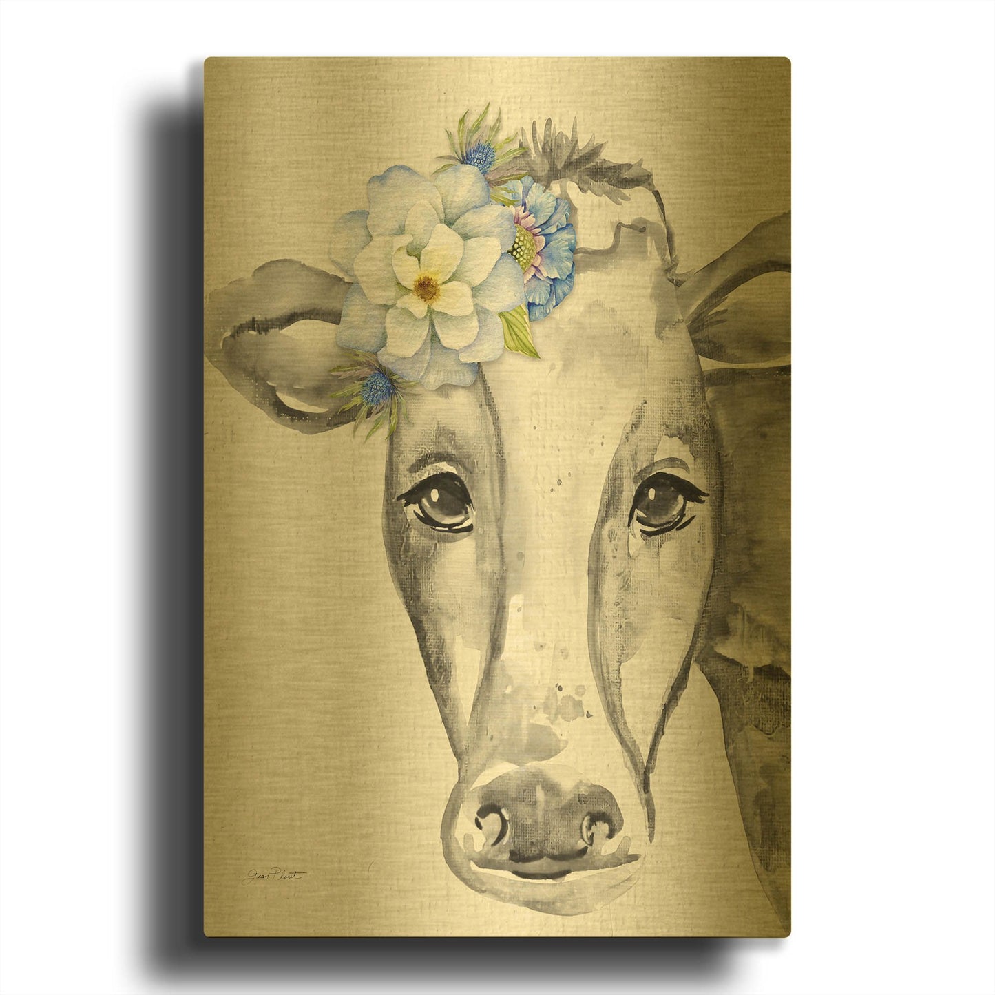 'Floral Cow B' By Jean Plout Gold Metal Wall Art