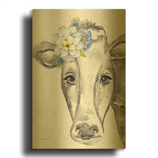 'Floral Cow B' By Jean Plout Gold Metal Wall Art