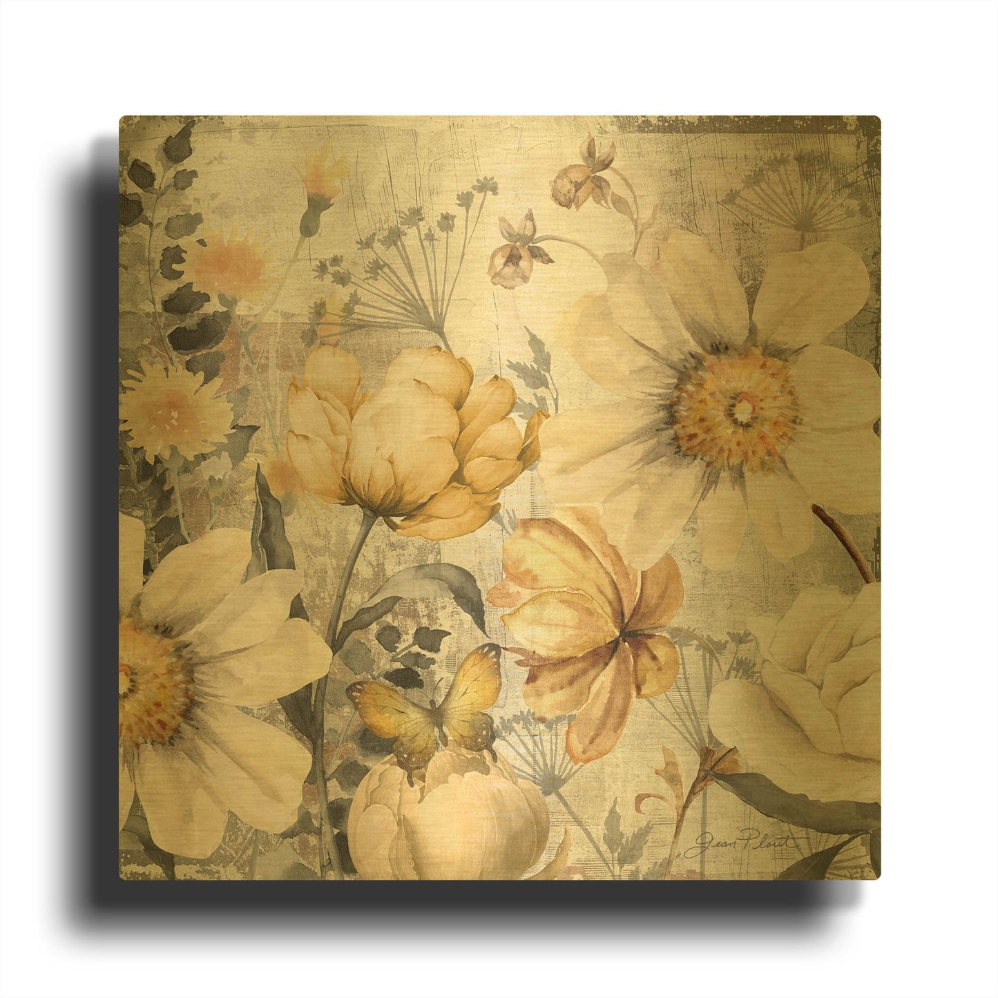 'Florals On Canvas A' By Jean Plout Gold Metal Wall Art