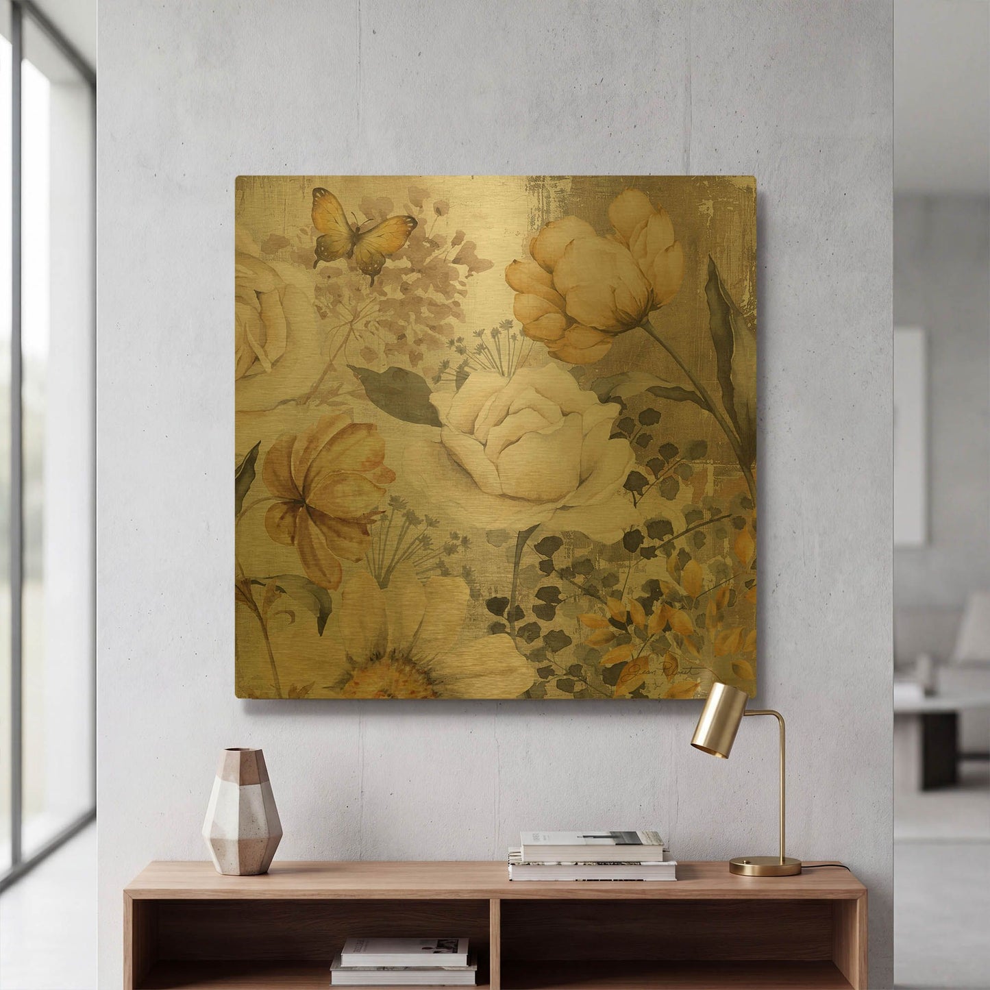 'Florals On Canvas B' By Jean Plout Gold Metal Wall Art