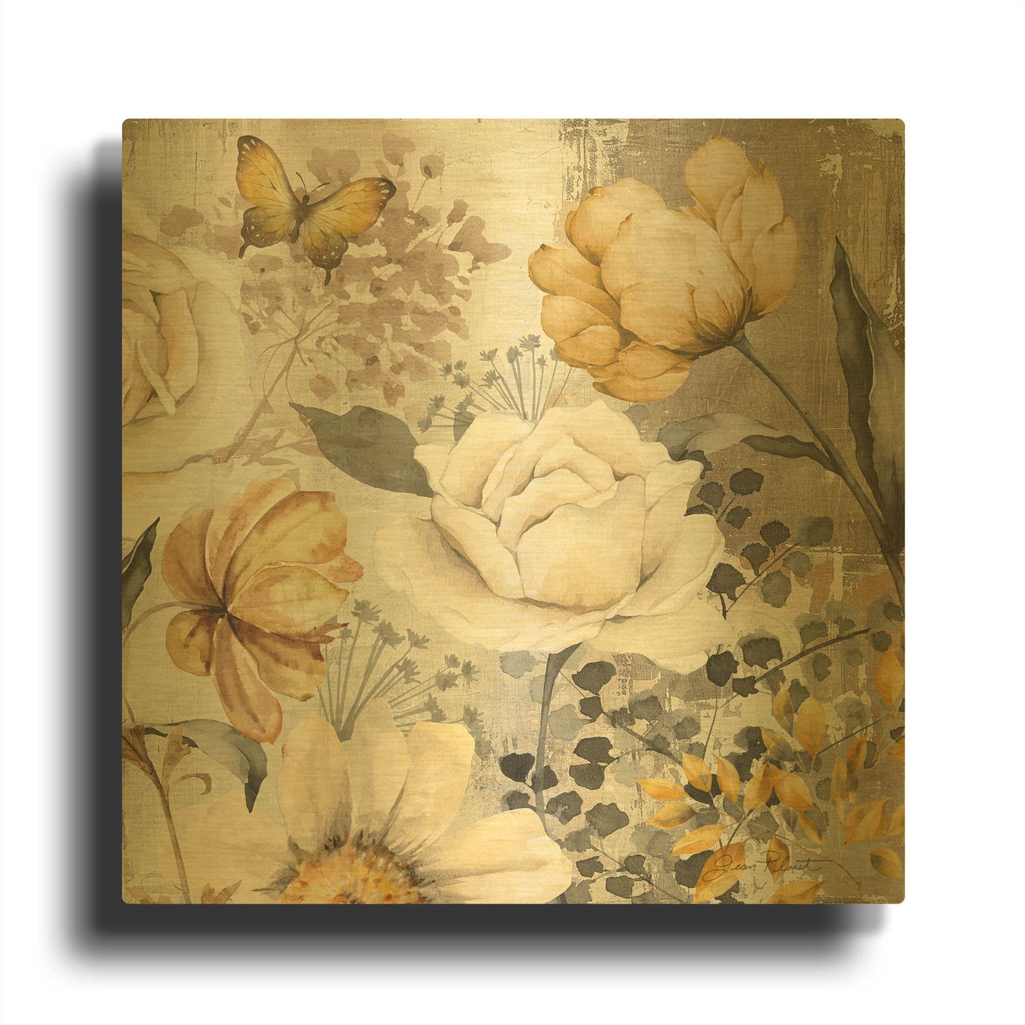 'Florals On Canvas B' By Jean Plout Gold Metal Wall Art