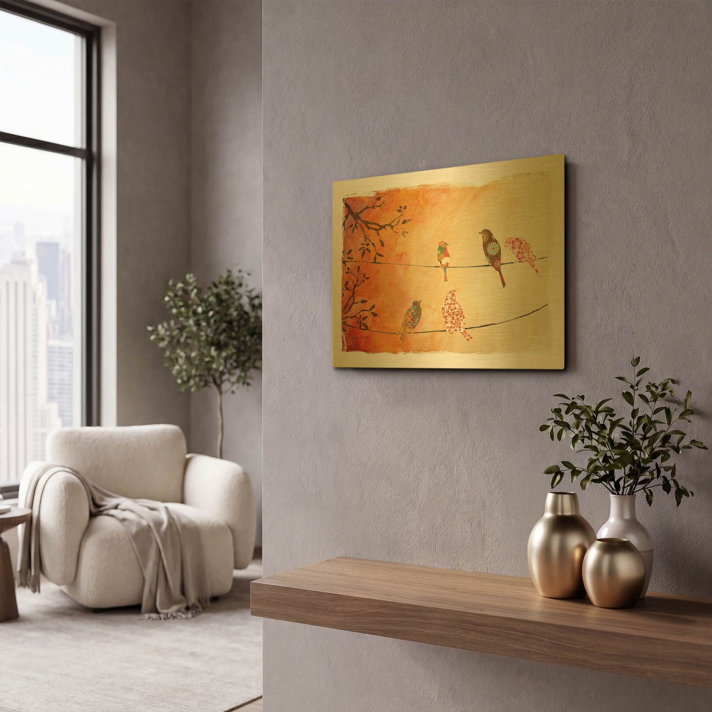 'Folkbirds' By Jean Plout Gold Metal Wall Art