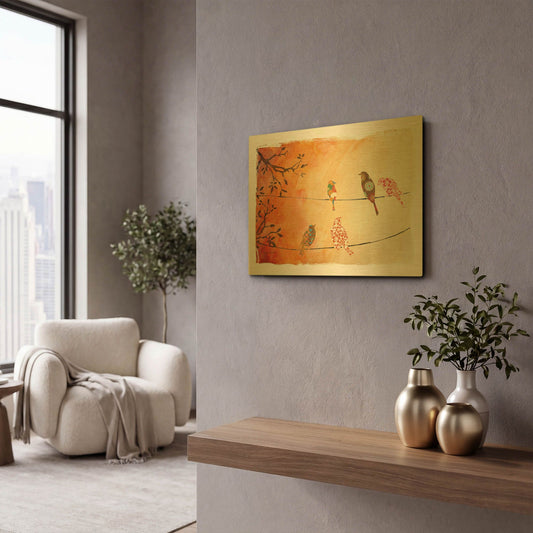 'Folkbirds' By Jean Plout Gold Metal Wall Art