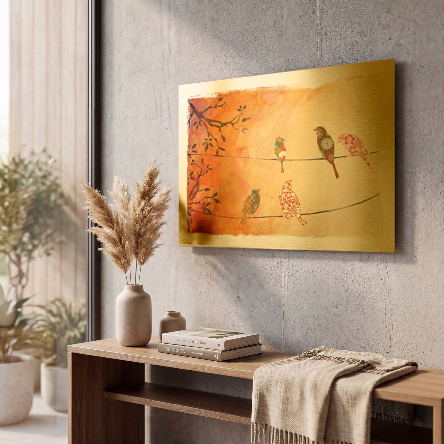'Folkbirds' By Jean Plout Gold Metal Wall Art