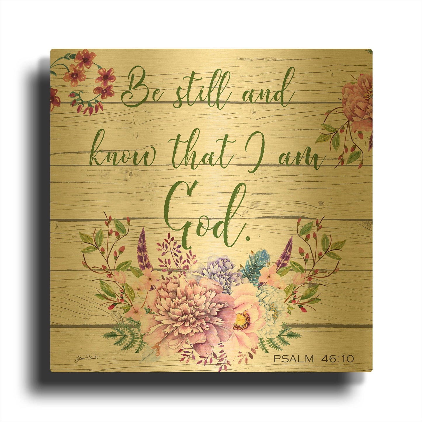 'Garden Florals Bible Verse A' By Jean Plout Gold Metal Wall Art