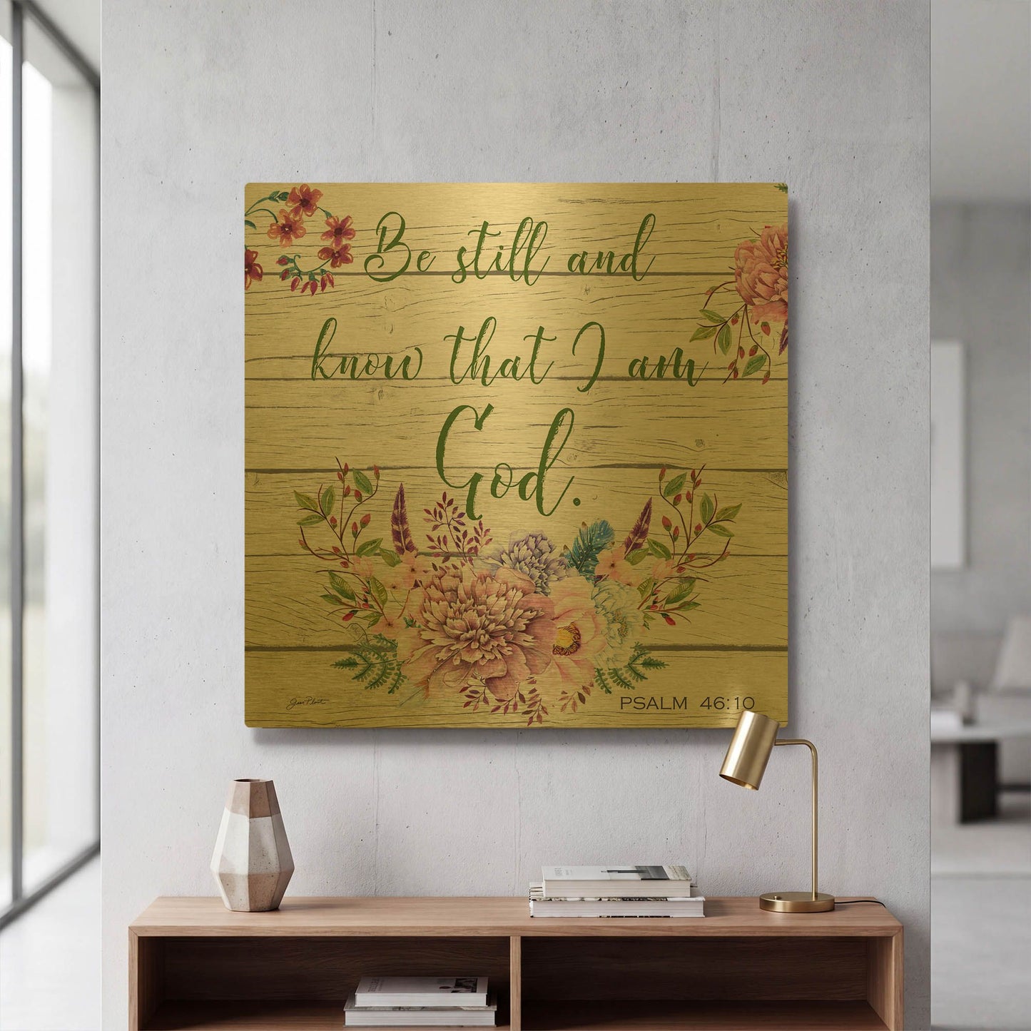 'Garden Florals Bible Verse A' By Jean Plout Gold Metal Wall Art