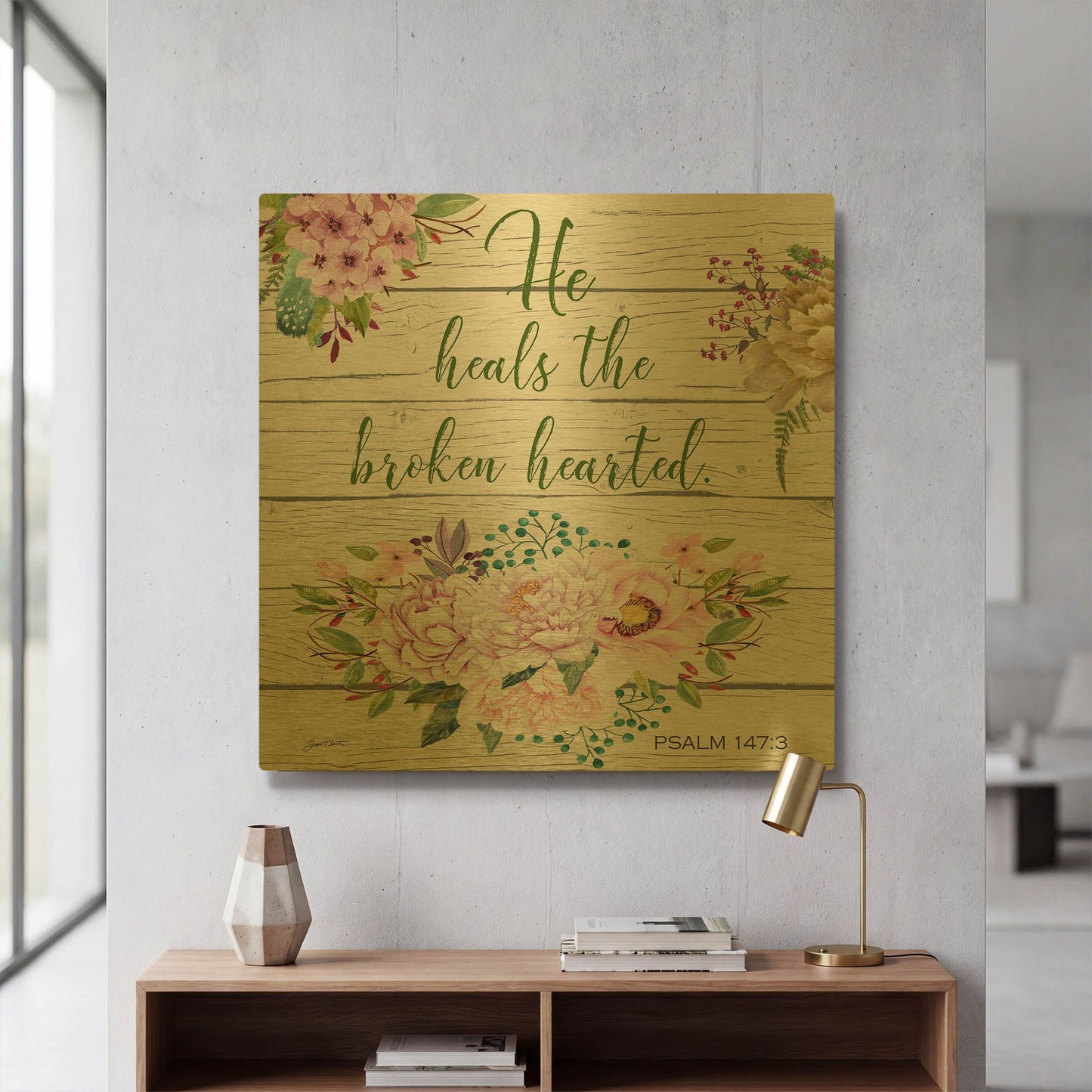 'Garden Florals Bible Verse B' By Jean Plout Gold Metal Wall Art