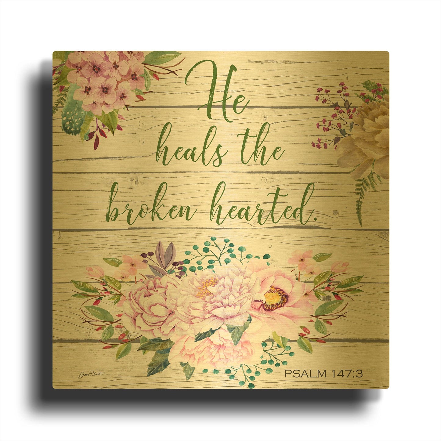 'Garden Florals Bible Verse B' By Jean Plout Gold Metal Wall Art