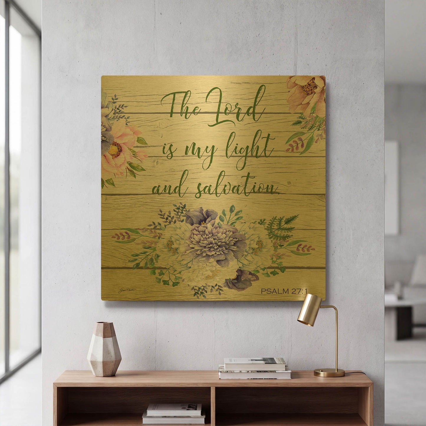 'Garden Florals Bible Verse C' By Jean Plout Gold Metal Wall Art