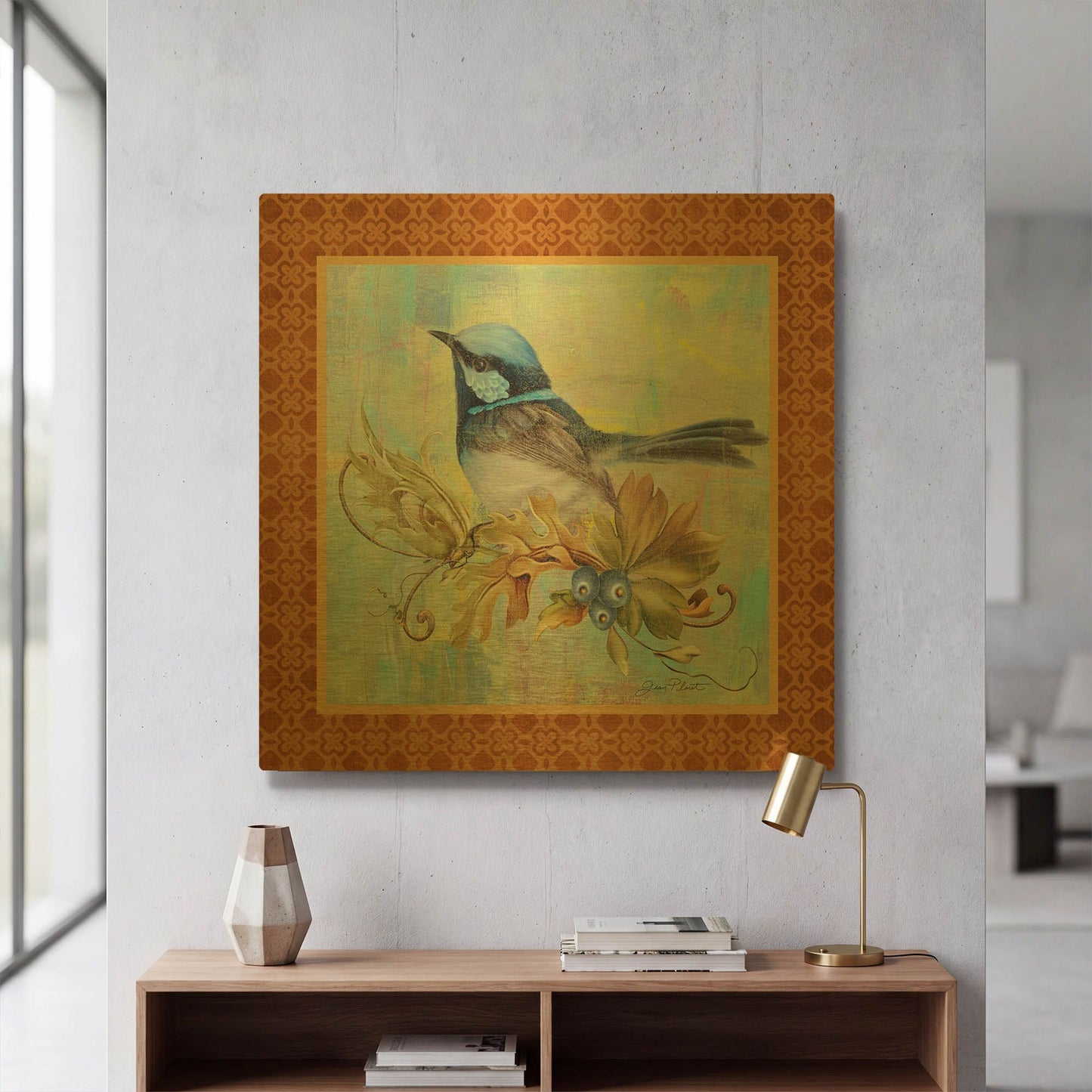 'Glorious Birds On Aqua B' By Jean Plout Gold Metal Wall Art