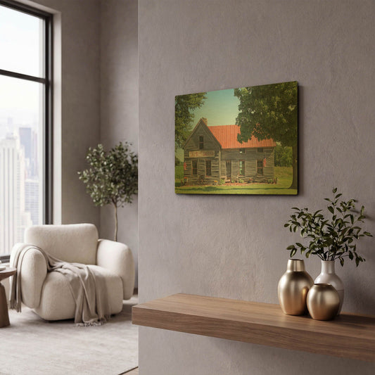 'God Bless America Farm House' By Jean Plout Gold Metal Wall Art