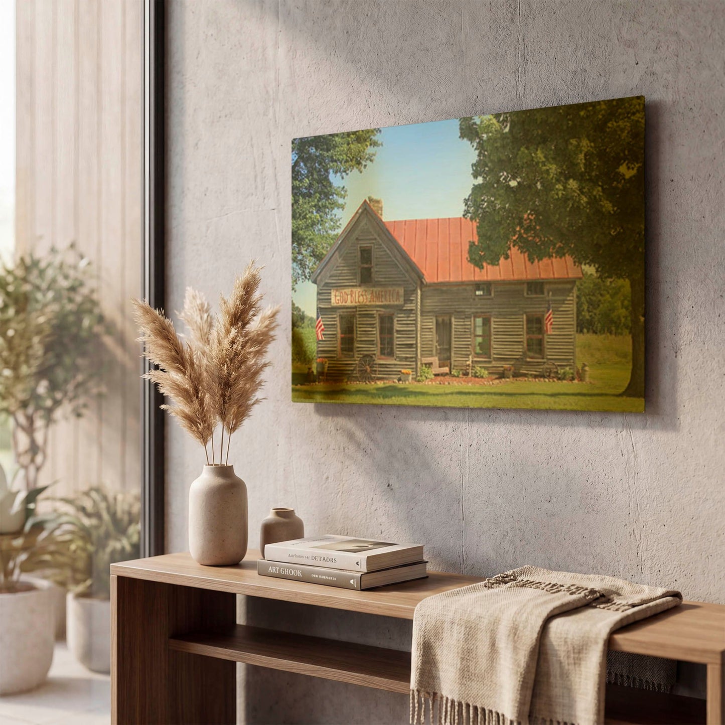 'God Bless America Farm House' By Jean Plout Gold Metal Wall Art