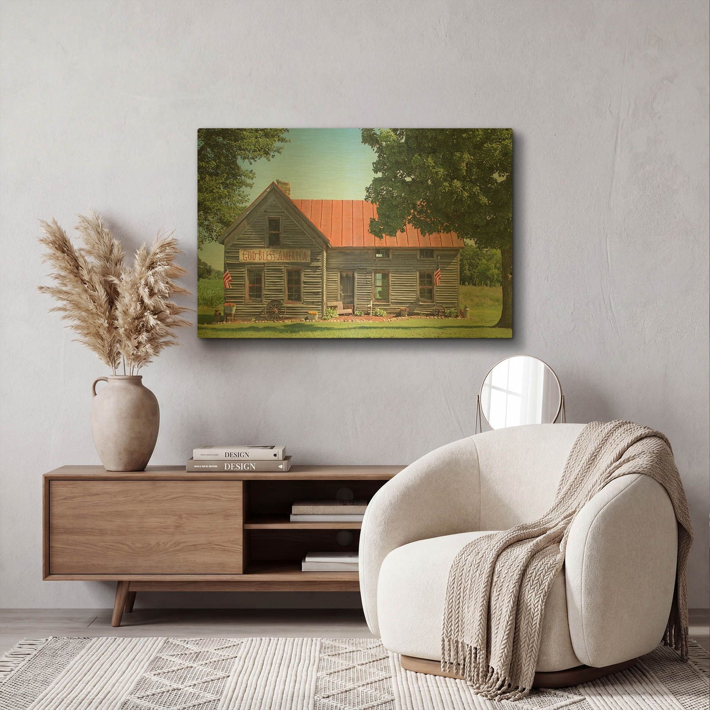 'God Bless America Farm House' By Jean Plout Gold Metal Wall Art