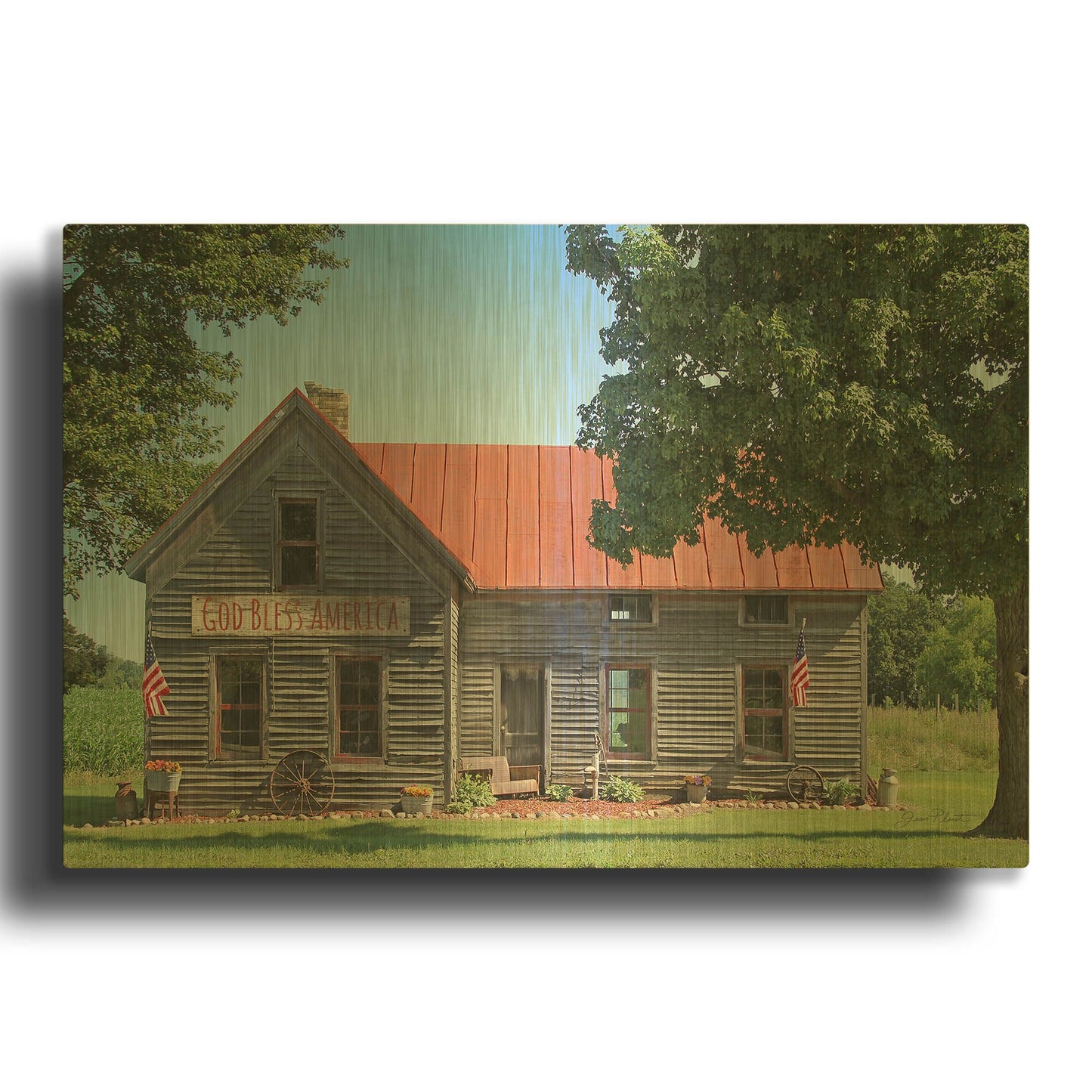 'God Bless America Farm House' By Jean Plout Gold Metal Wall Art