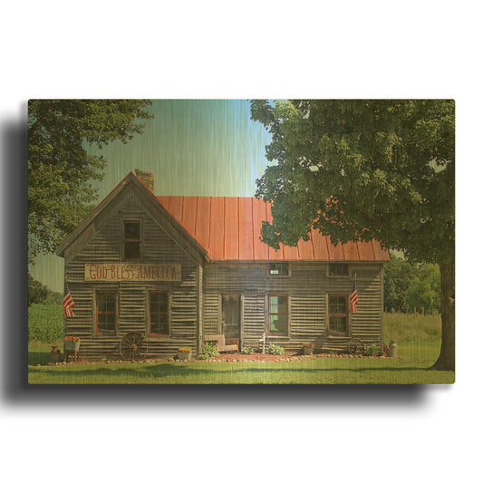 'God Bless America Farm House' By Jean Plout Gold Metal Wall Art