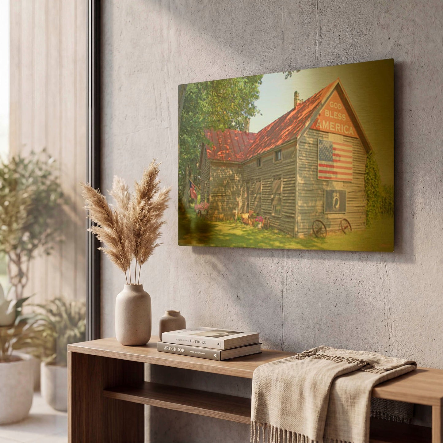'God Bless America House 4' By Jean Plout Gold Metal Wall Art