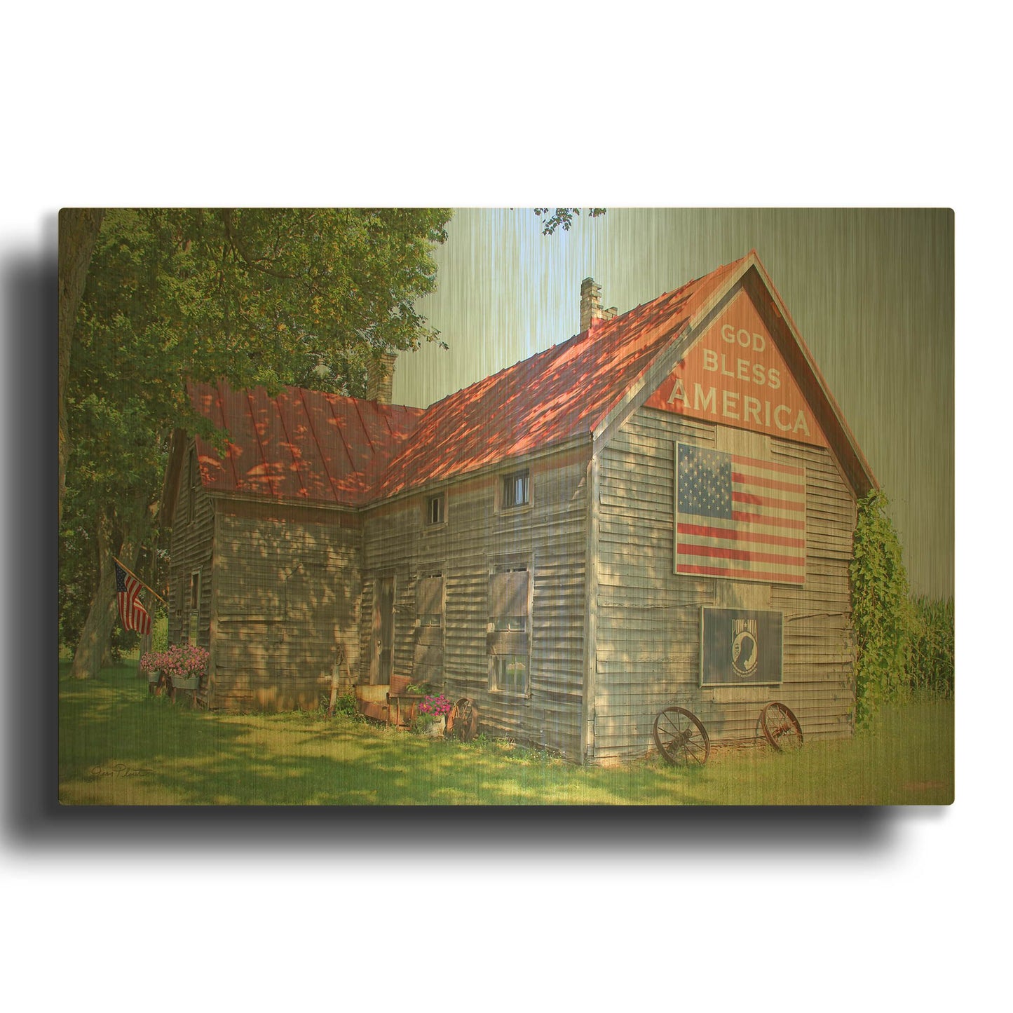 'God Bless America House 4' By Jean Plout Gold Metal Wall Art