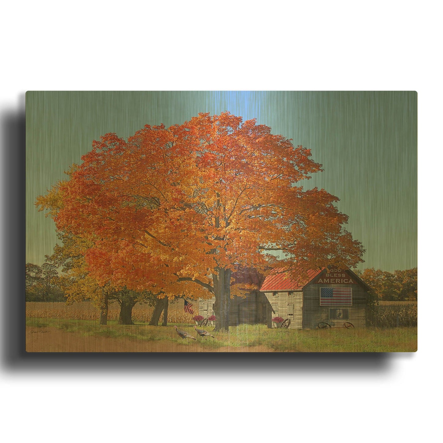 'God Bless In Fall With Turkeys' By Jean Plout Gold Metal Wall Art