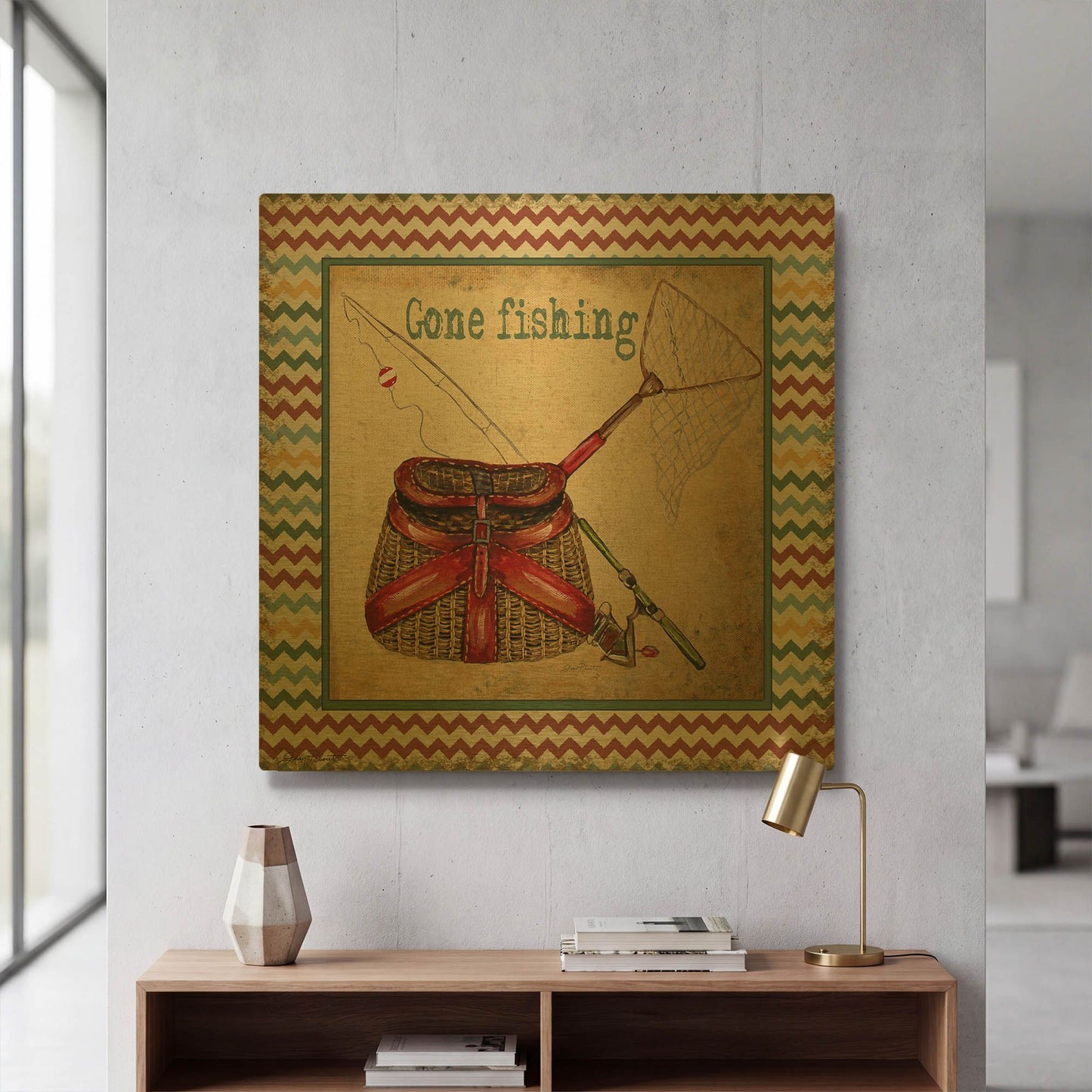 'Gone Fishing' By Jean Plout Gold Metal Wall Art