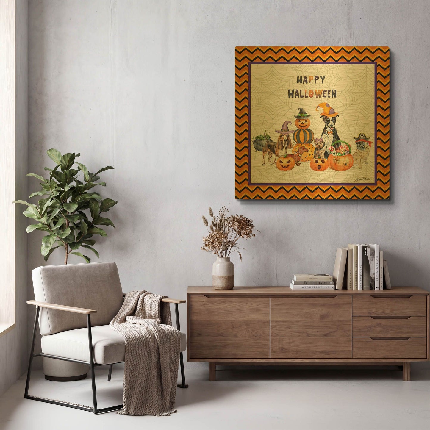 'Halloween Dogs A1' By Jean Plout Gold Metal Wall Art