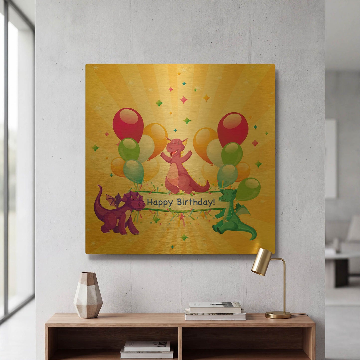 'Happy Birthday Dragons' By Jean Plout Gold Metal Wall Art