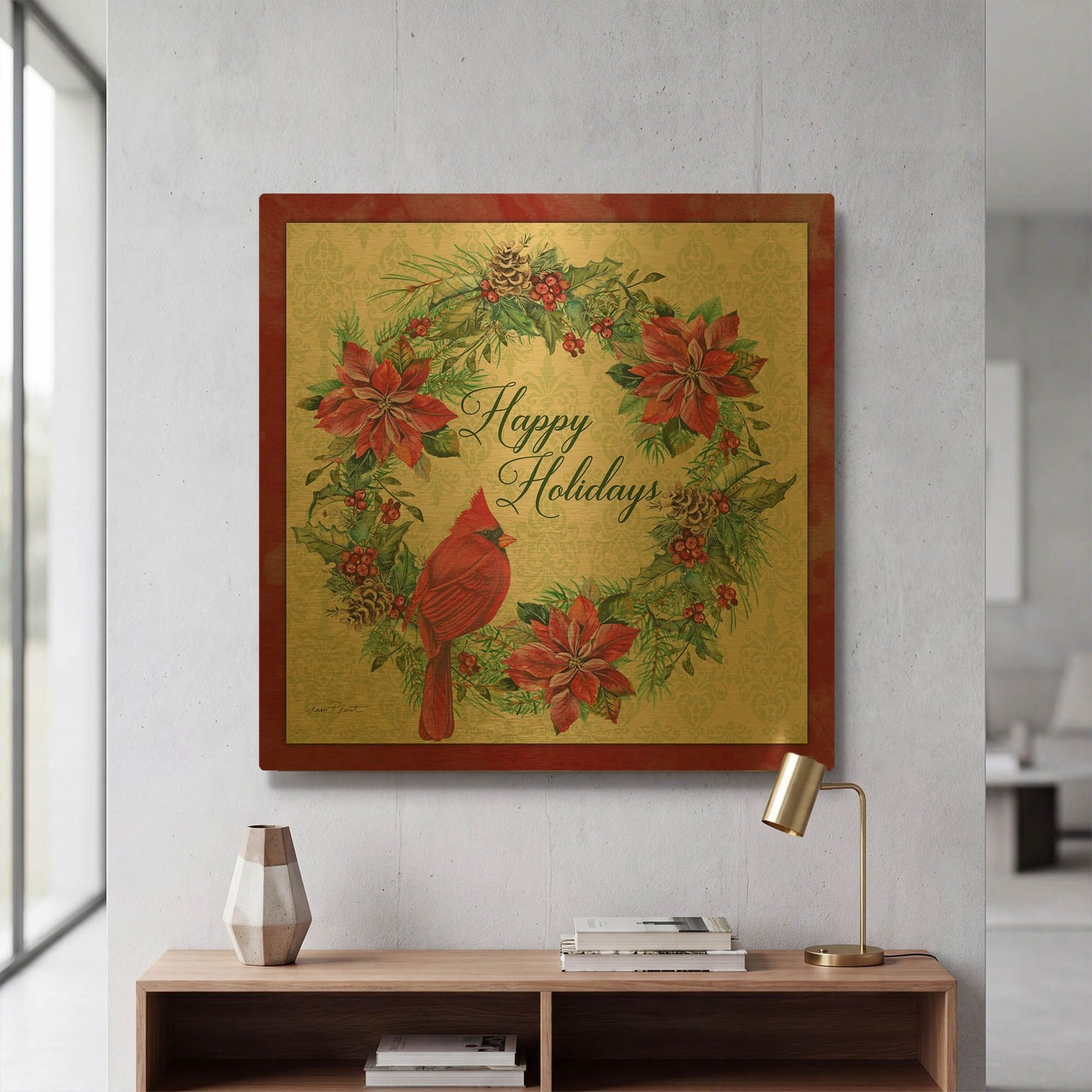 'Happy Holidays Wreath' By Jean Plout Gold Metal Wall Art