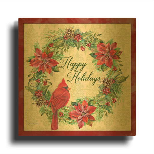'Happy Holidays Wreath' By Jean Plout Gold Metal Wall Art