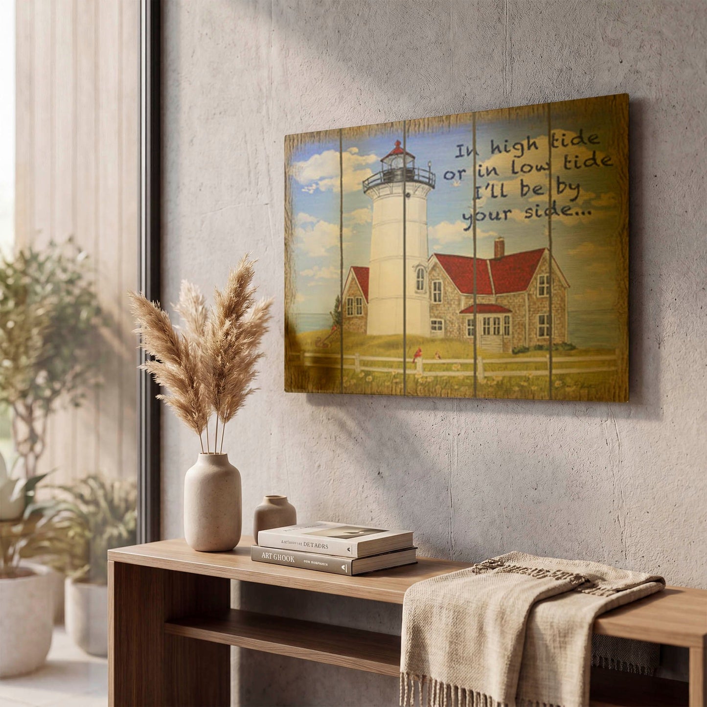 'High Tide Lighthouse' By Jean Plout Gold Metal Wall Art