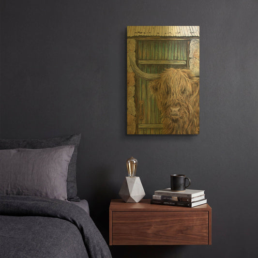 'Highland Cow By Barn Door A' By Jean Plout Gold Metal Wall Art