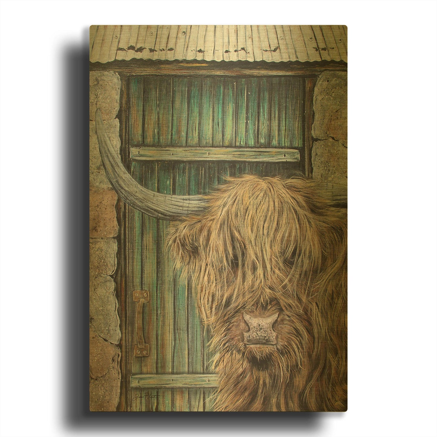 'Highland Cow By Barn Door A' By Jean Plout Gold Metal Wall Art