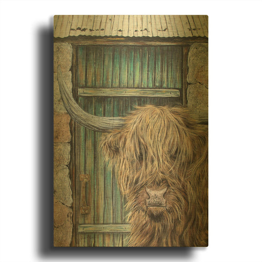 'Highland Cow By Barn Door A' By Jean Plout Gold Metal Wall Art