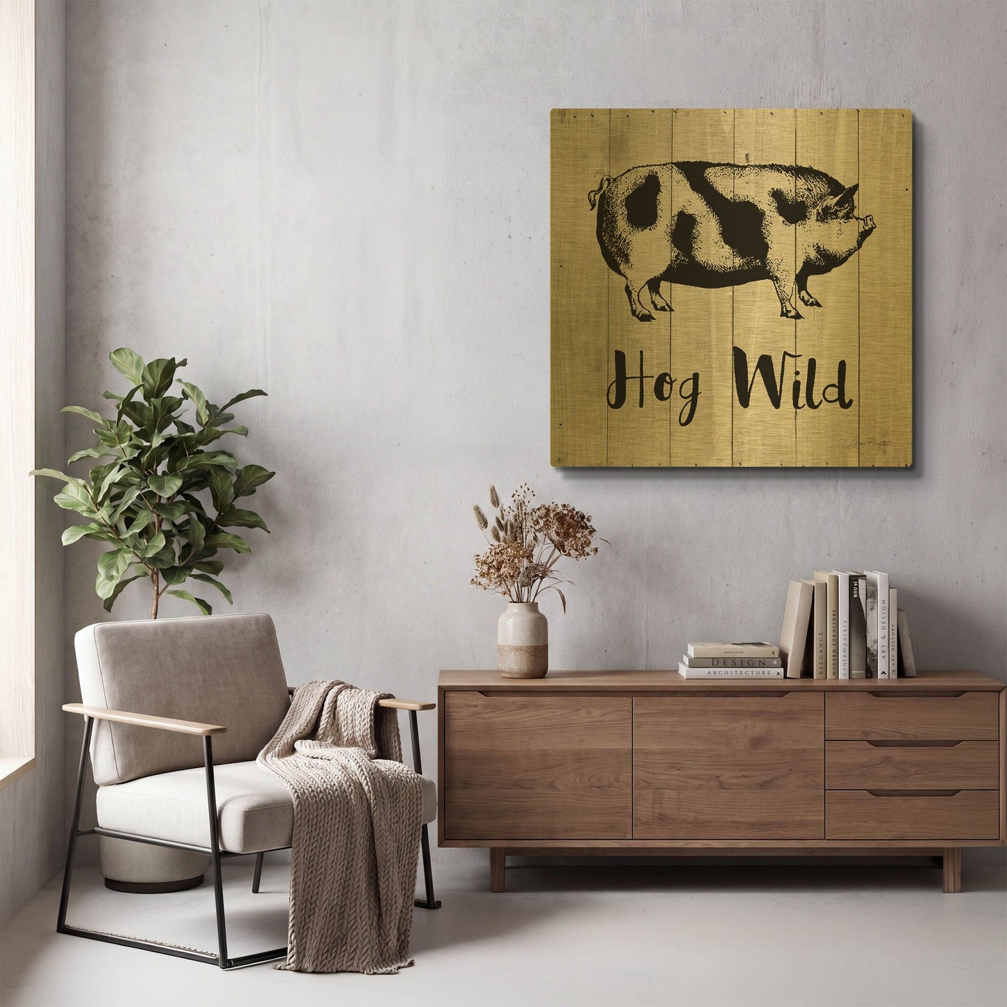 'Hog Wild A' By Jean Plout Gold Metal Wall Art