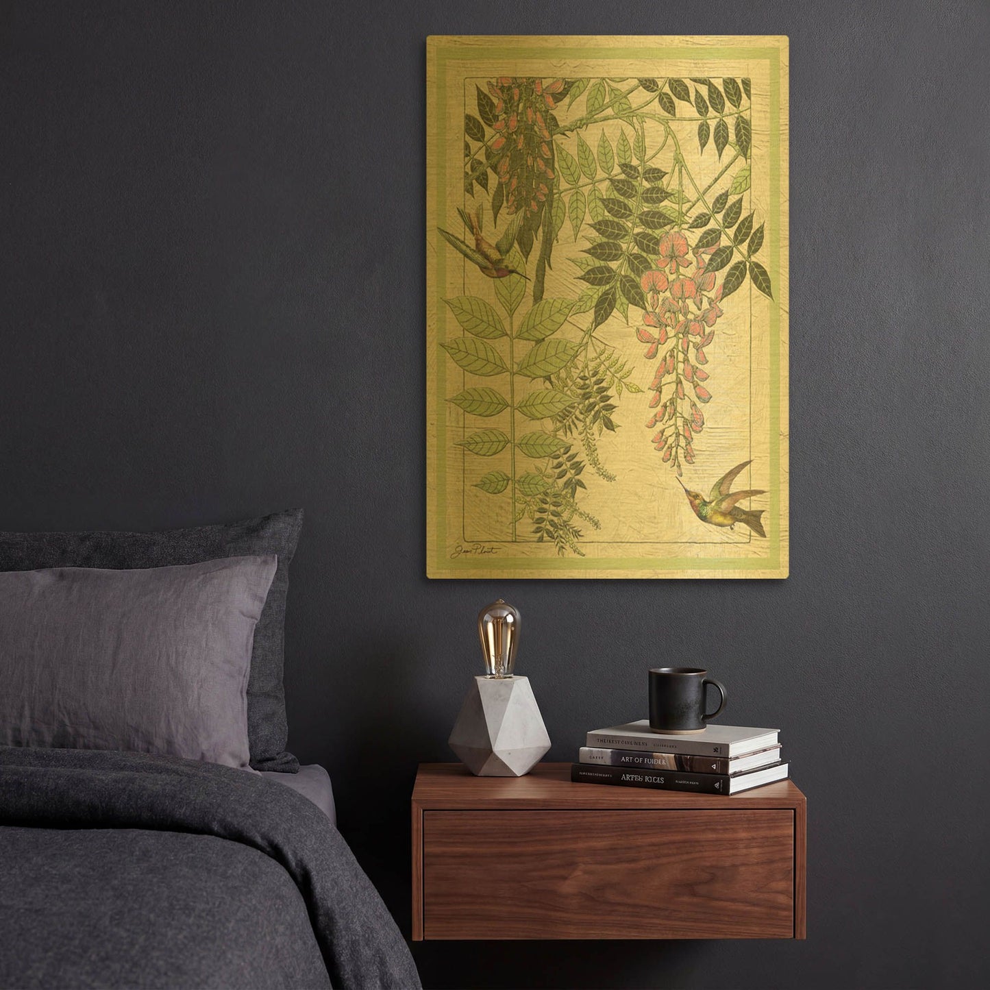 'Humming Bird Vignette' By Jean Plout Gold Metal Wall Art