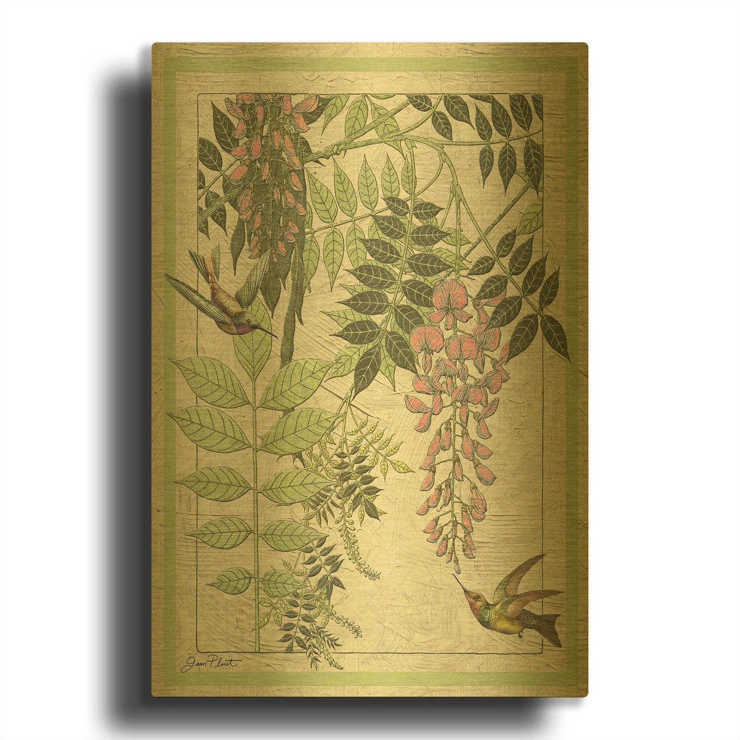 'Humming Bird Vignette' By Jean Plout Gold Metal Wall Art