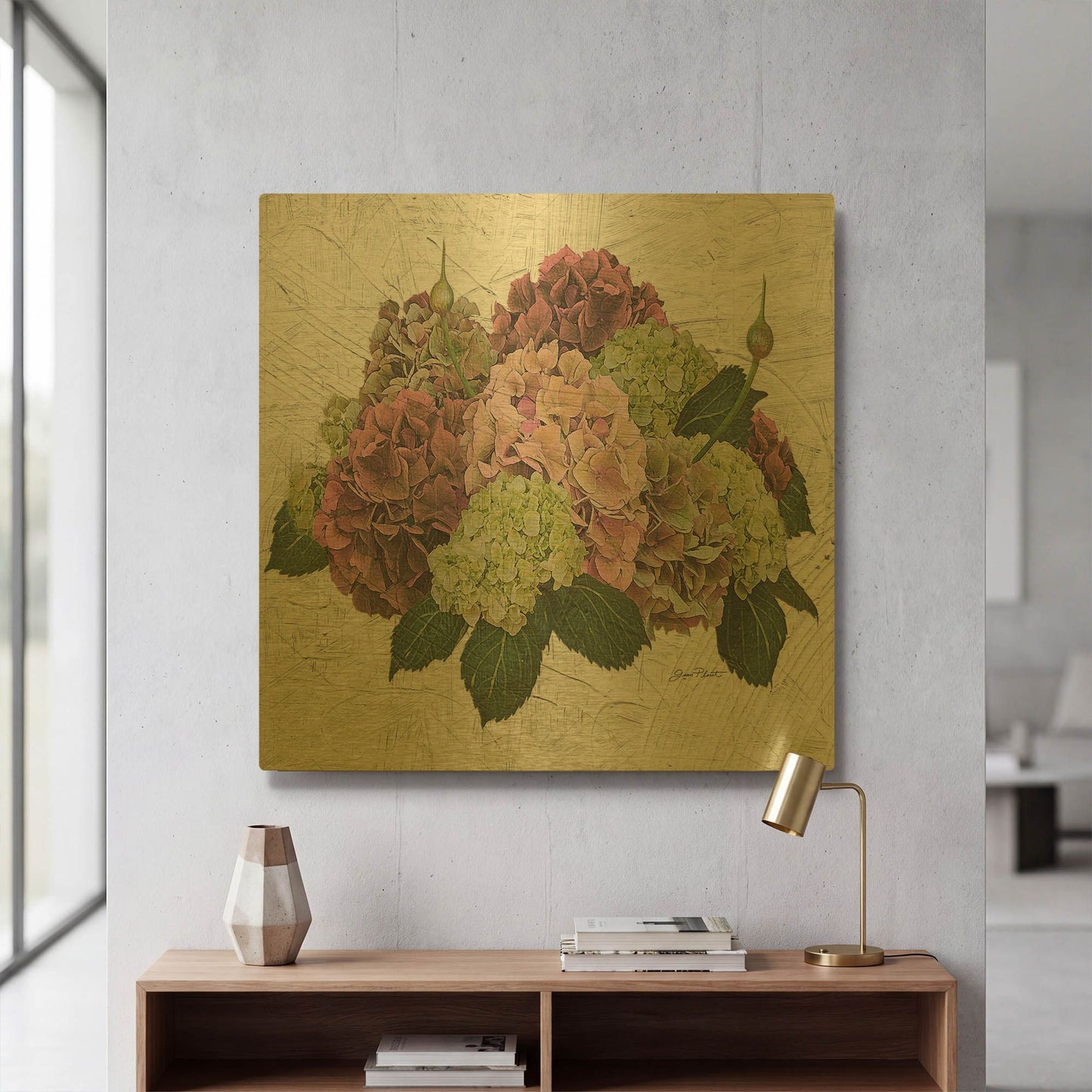 'Hydrangea Vignette-Pink' By Jean Plout Gold Metal Wall Art